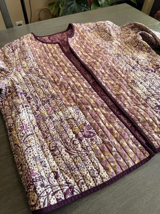 Quilted Reversible Jacket Purple Tan Gold Floral Paisley Quilt J Jill XL - Picture 5 of 12